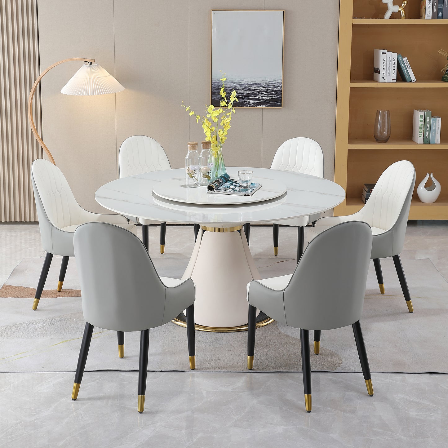 59.05"Modern Sintered stone dining table with 31.5" round turntable  with 6 pcs  Chairs .