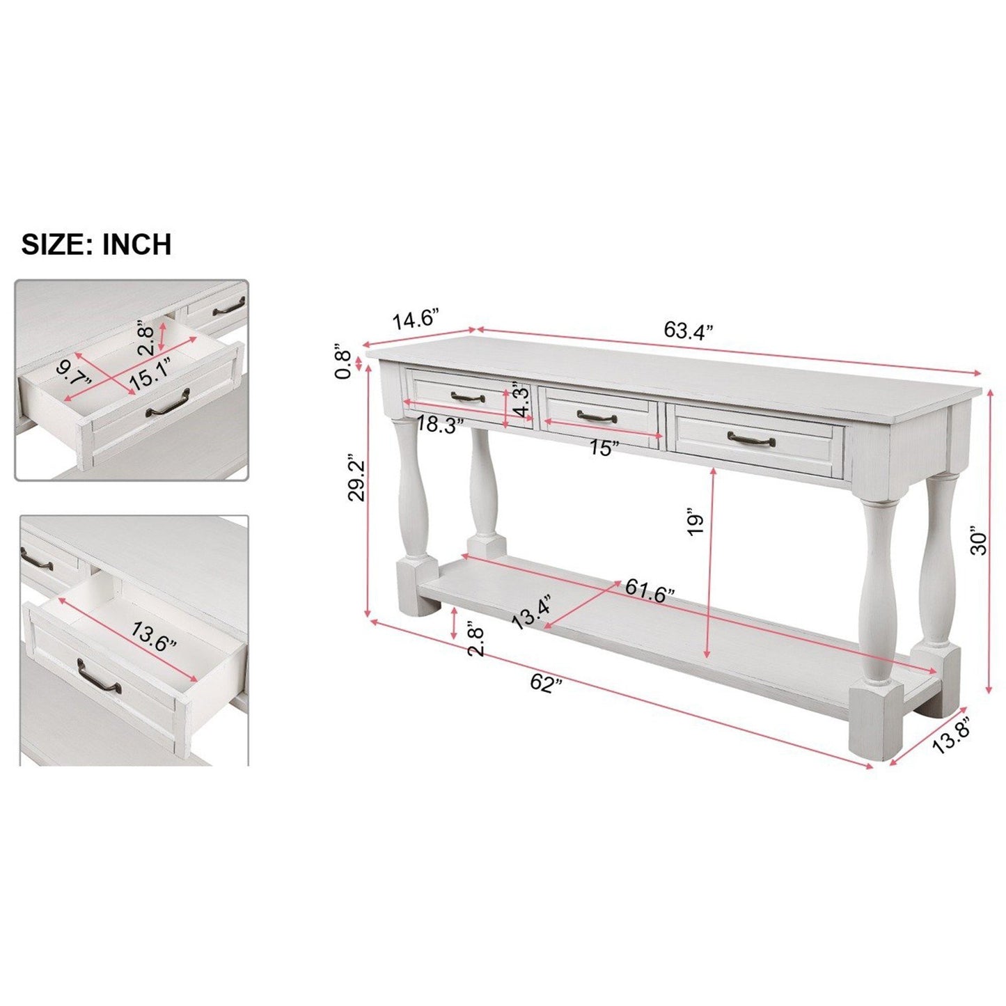 63inch Long Wood Console Table with 3 Drawers and 1 Bottom Shelf for Entryway Hallway Easy Assembly Extra-thick Sofa Table (Antique White)