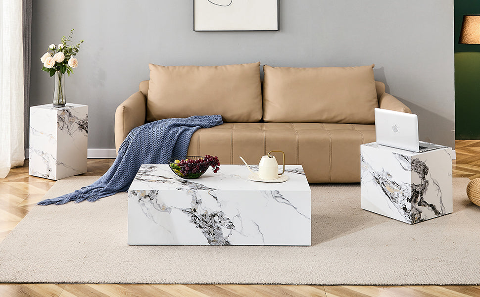 A stylish and durable design paired with a modern 3 piece coffee table set with marble patterns.