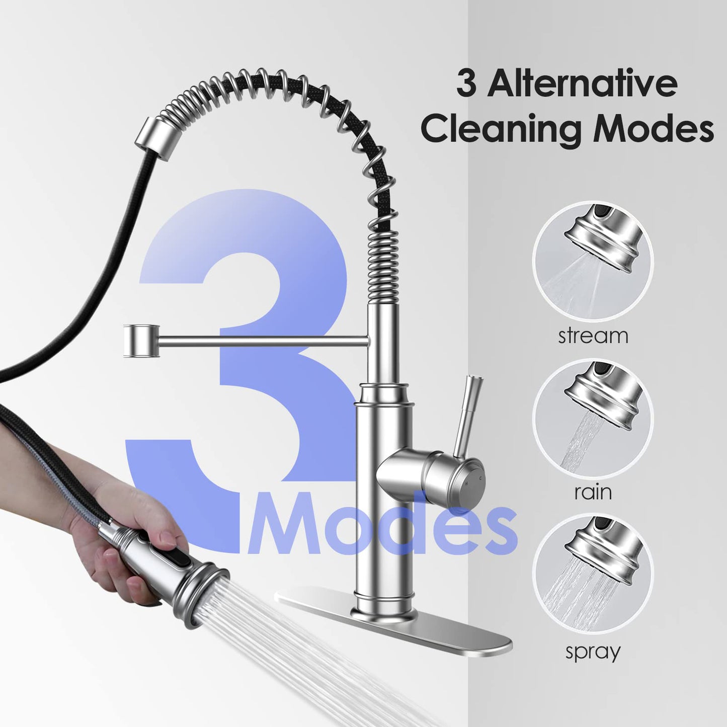 Kitchen Faucet - Spring Kitchen Sink Faucet with 3 Modes Pull Down Sprayer, Single Handle&Deck Plate for 1or3 Holes, 360° Rotation, Spot Resist Stainless Steel No Lead for RV Bar Home