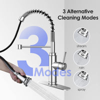 Kitchen Faucet - Spring Kitchen Sink Faucet with 3 Modes Pull Down Sprayer, Single Handle&Deck Plate for 1or3 Holes, 360° Rotation, Spot Resist Stainless Steel No Lead for RV Bar Home