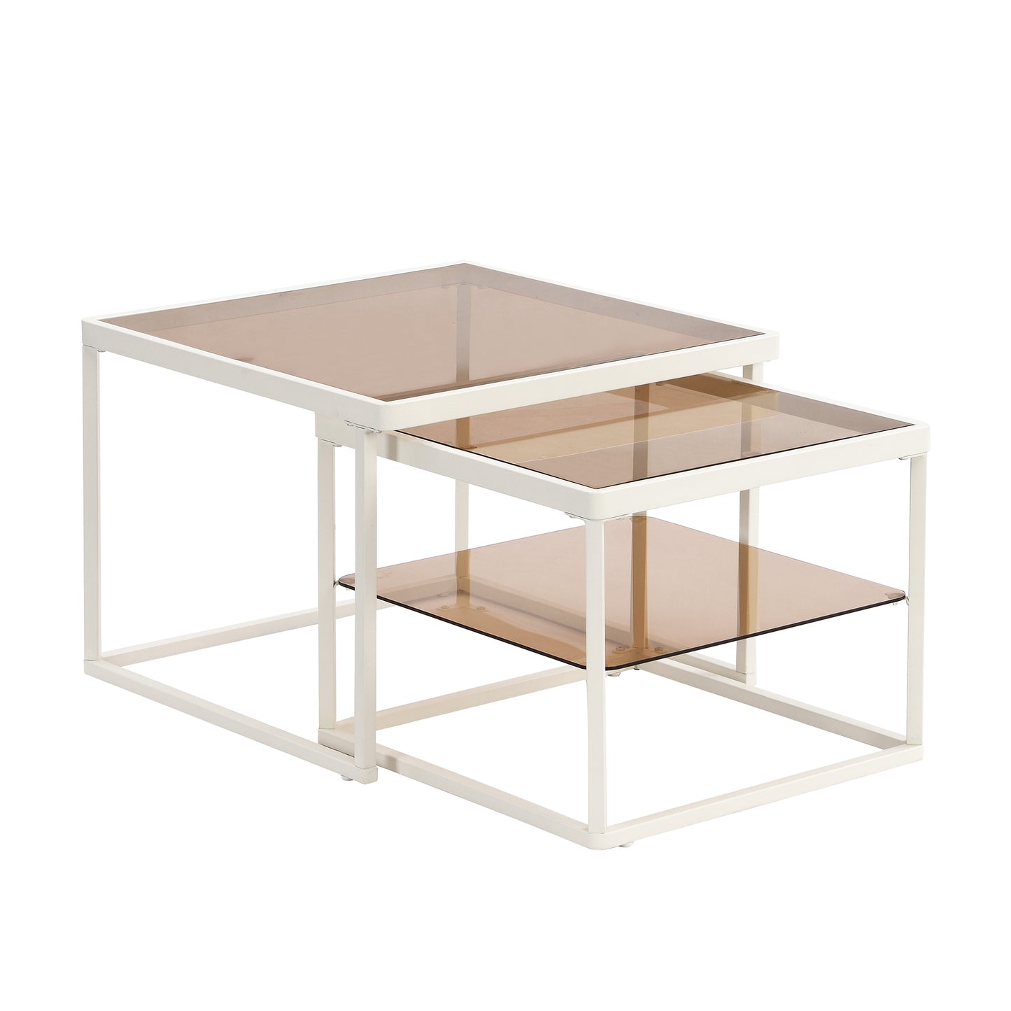 ON-TREND Modern Nested Coffee Table Set with High-low Combination Design, Brown Tempered Glass Cocktail Table with Metal Frame, Length Adjustable 2-Tier Center&End Table for Living Room, White