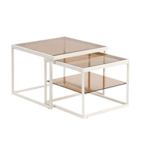 ON-TREND Modern Nested Coffee Table Set with High-low Combination Design, Brown Tempered Glass Cocktail Table with Metal Frame, Length Adjustable 2-Tier Center&End Table for Living Room, White