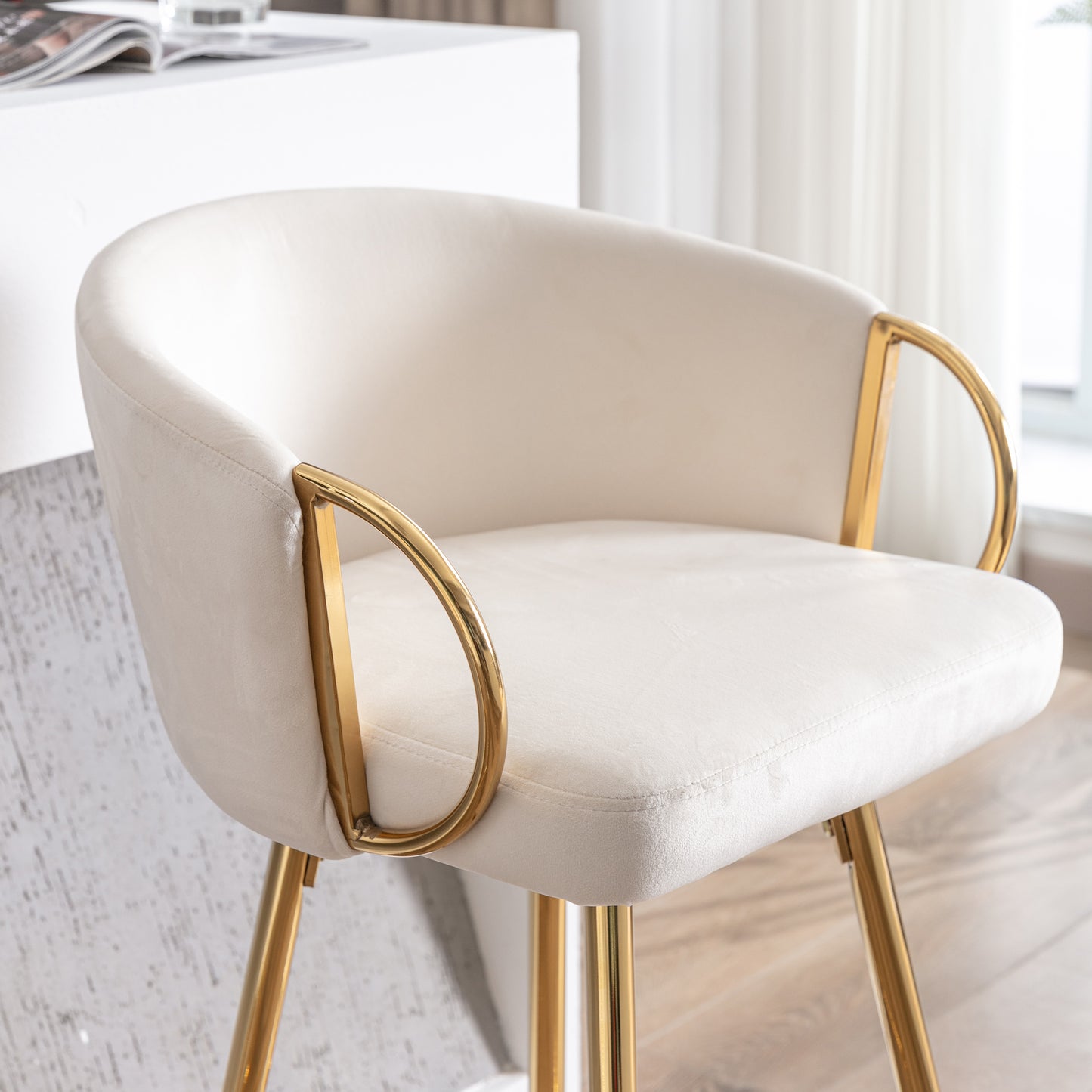 30 Inch Set of 2 Bar Stools,with Chrome Footrest and Base Velvet + Golden Leg Simple Bar Stool,CREAM