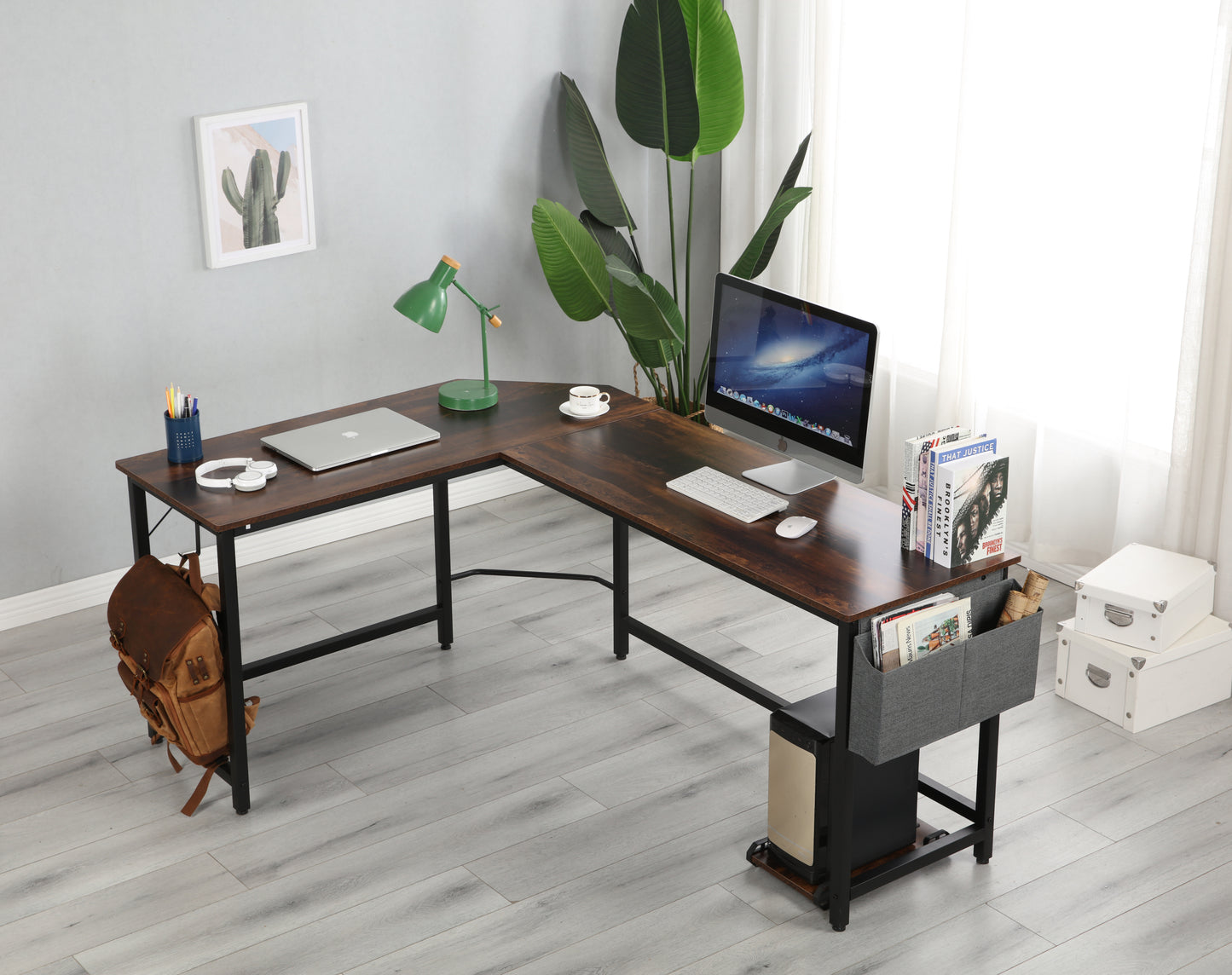 Modern Design L-Shaped Desk Corner Computer Desk PC laptop Computer Table Study Desk Home Office Wood & Metal Pella oak（包含机箱托，书包挂钩，布抽收纳袋）