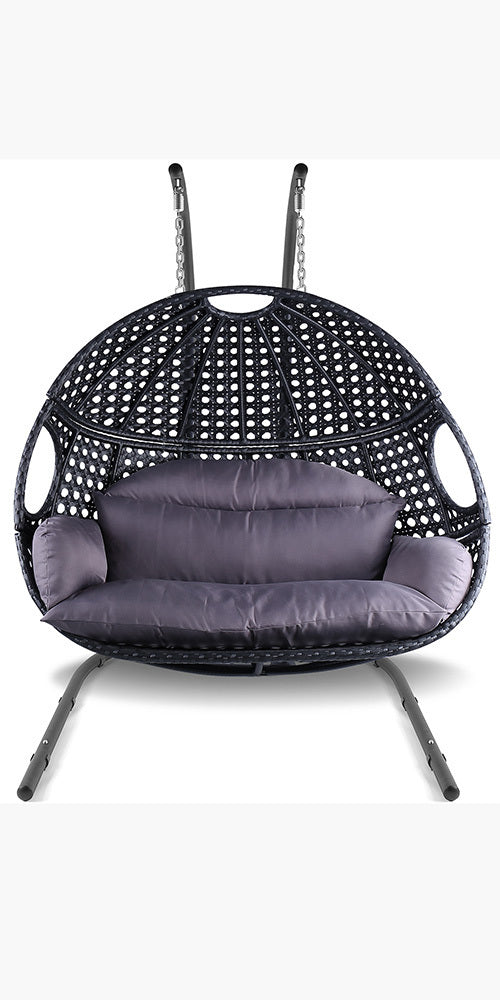 Double Swing Egg Chair with Stand Indoor Outdoor, UV Resistant Cushion 2 People Hanging Chair Anti-Rust Wicker Rattan Frame 530 lbs Capacity Oversized Hammock Chair for Patio Bedroom Balcony Black