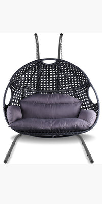 Double Swing Egg Chair with Stand Indoor Outdoor, UV Resistant Cushion 2 People Hanging Chair Anti-Rust Wicker Rattan Frame 530 lbs Capacity Oversized Hammock Chair for Patio Bedroom Balcony Black