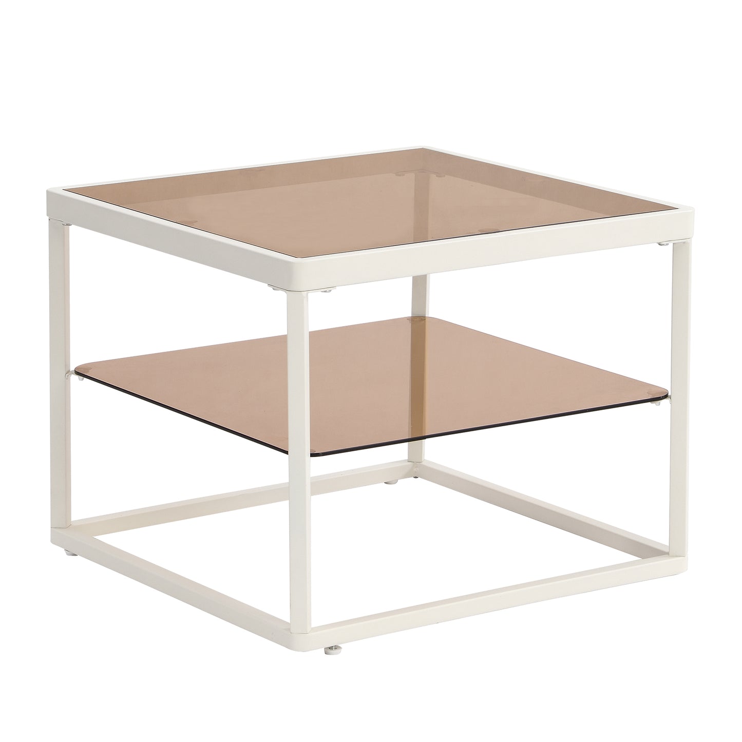 ON-TREND Modern Nested Coffee Table Set with High-low Combination Design, Brown Tempered Glass Cocktail Table with Metal Frame, Length Adjustable 2-Tier Center&End Table for Living Room, White