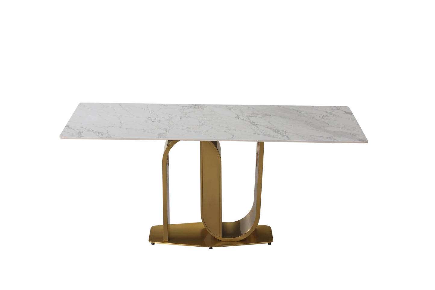 71" Contemporary Dining Table  Sintered Stone  U shape Pedestal Base in Gold finish with 6 pcs Chairs .