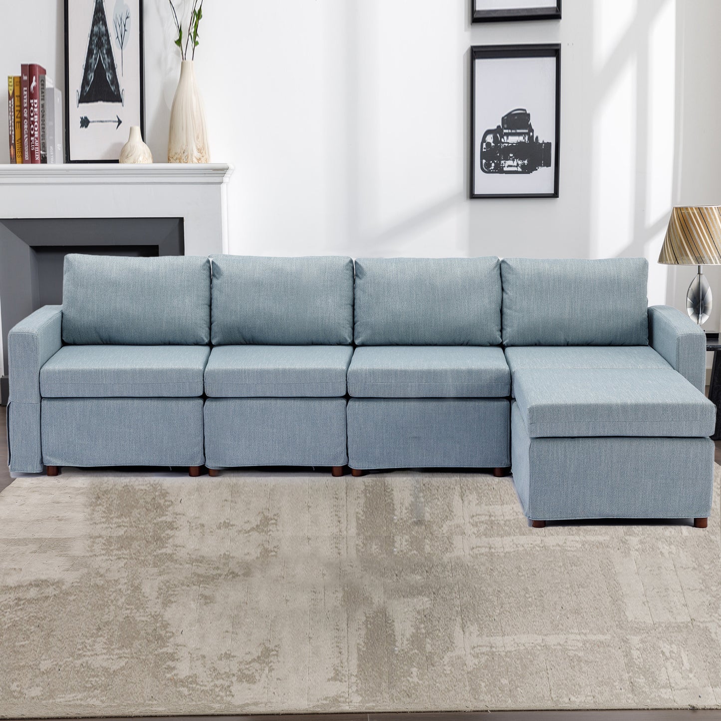 4 Seat Module Sectional Sofa Couch With 1 Ottoman,Seat Cushion and Back Cushion Removable and Washable,Light Blue