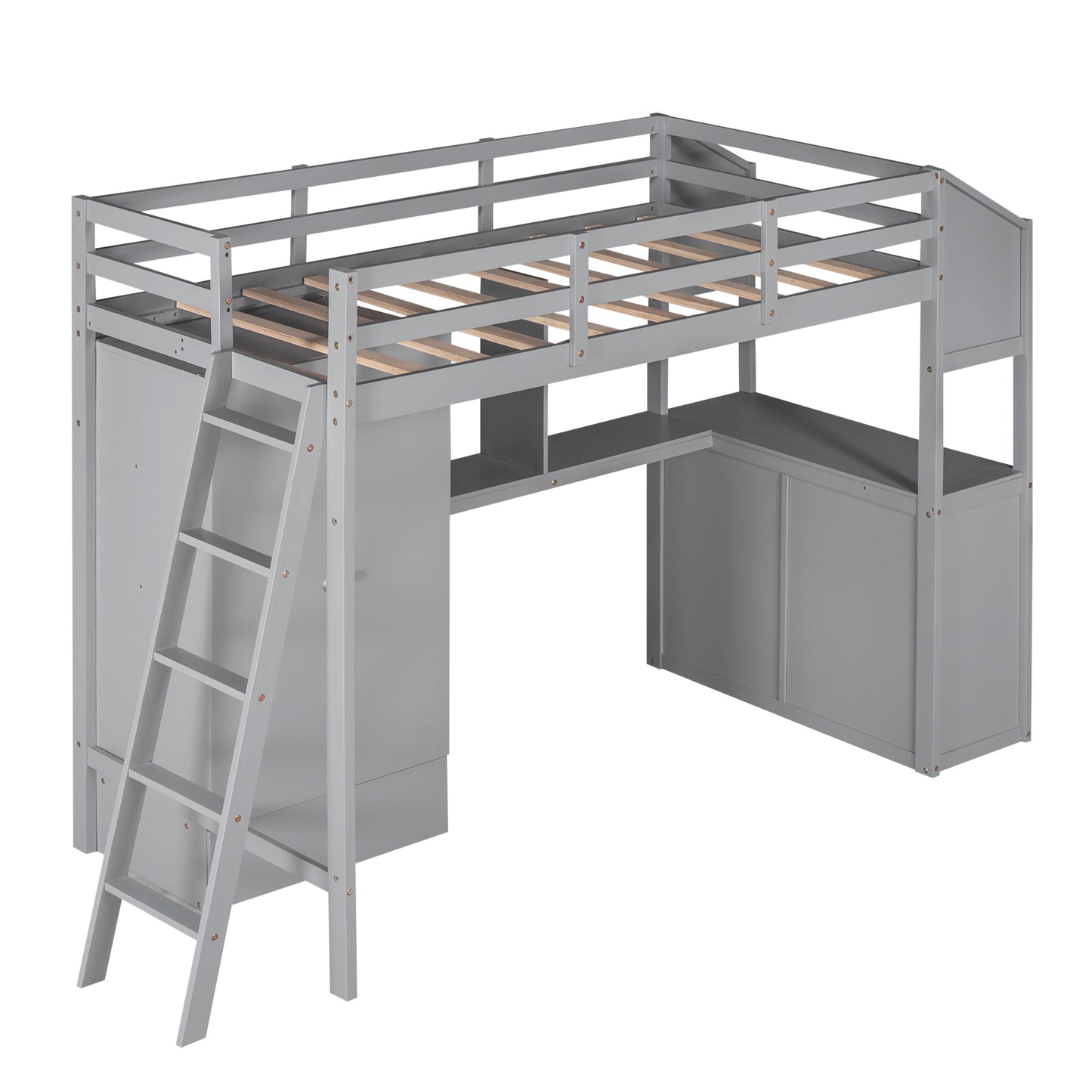 Twin Size Loft Bed with Wardrobe and Drawers, attached Desk with Shelves, Gray