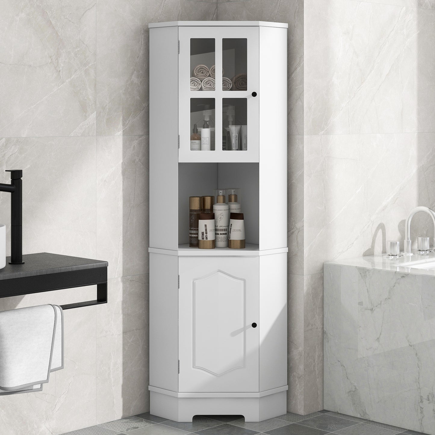 Tall Bathroom Storage Cabinet, Corner Cabinet with Glass Door, Open Storage, Adjustable Shelf, White