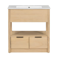 30" Bathroom Vanity with Sink Top, Bathroom Cabinet with Open Storage Shelf and Two Drawers, One Package, Natural