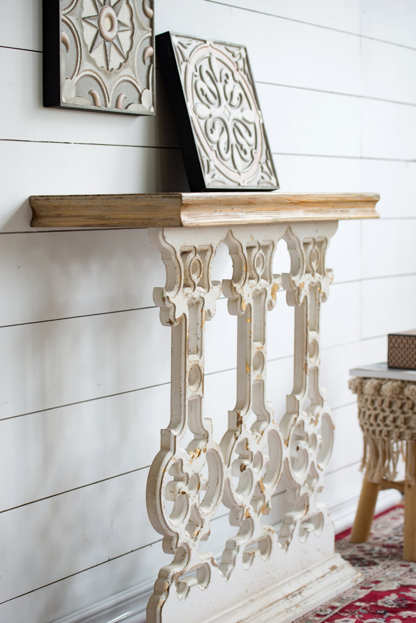 32" x 12" x 32" Classic Vintage White Wash Console Table with Brown Wood Top