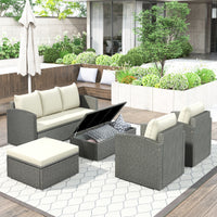 TOPMAX Outdoor Patio 5-Piece All-Weather PE Wicker Rattan Sectional Sofa Set with Multifunctional Table and Ottoman, Gray Wicker+ Beige Cushion