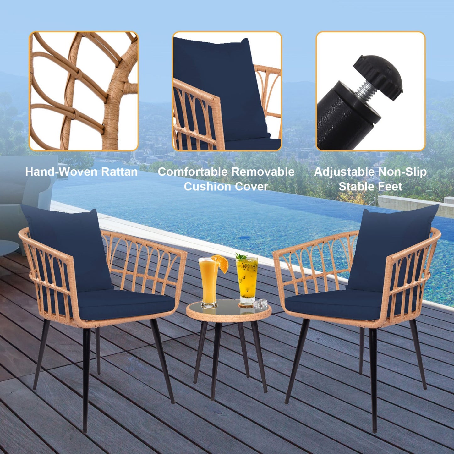 3-Piece Patio Wicker Round 16 in. H Cafe Table Outdoor Bistro Conversation Set Rattan Chair with Dark Blue Cushions