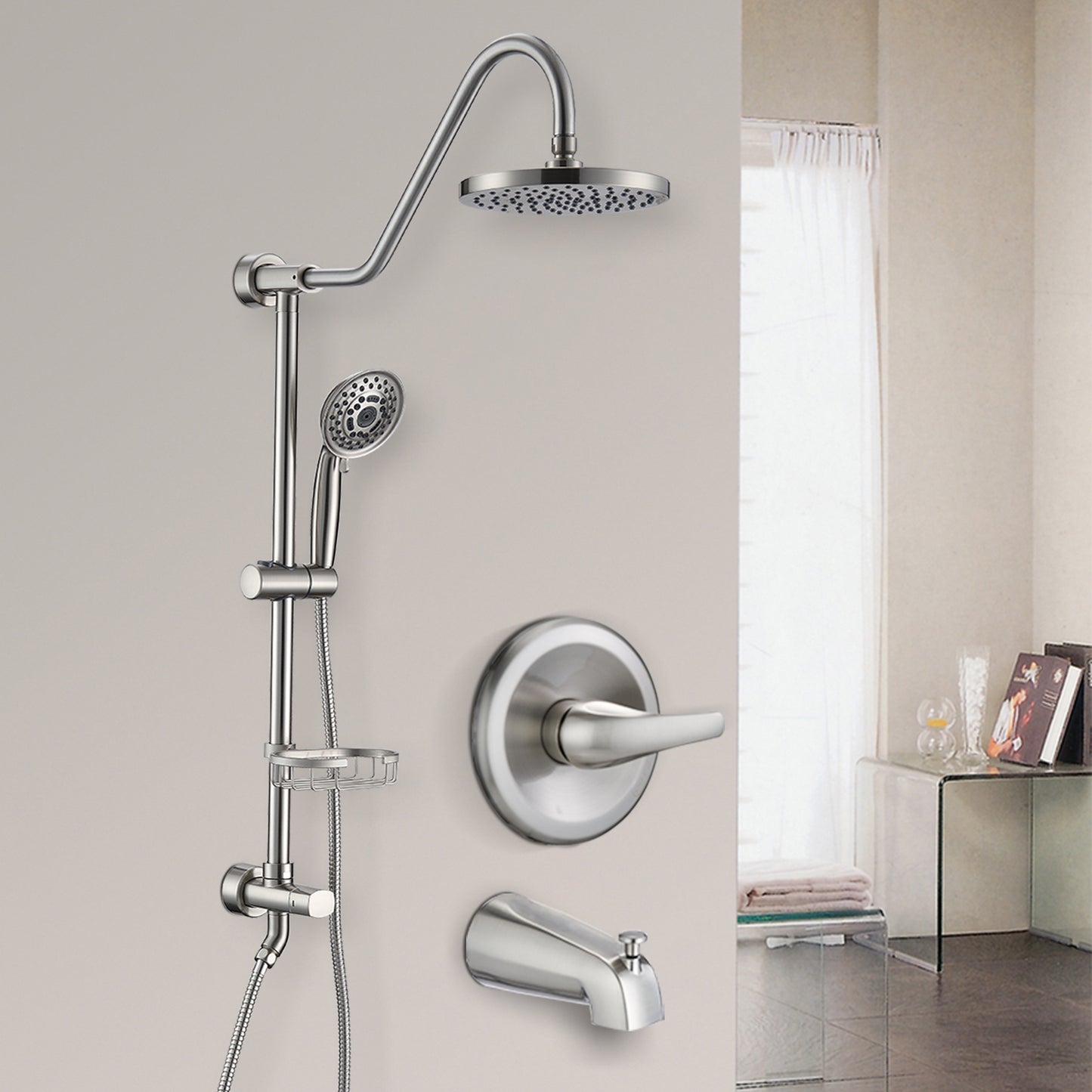 Shower Head with Handheld Shower System with 8" Rain Shower Head with Tub Spout (Rough-in Valve Included)