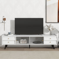 ON-TREND Contemporary TV Stand with Sliding Fluted Glass Doors, Slanted Drawers Media Console for TVs Up to 70", Chic Elegant TV Cabinet with Golden Metal Handles , White