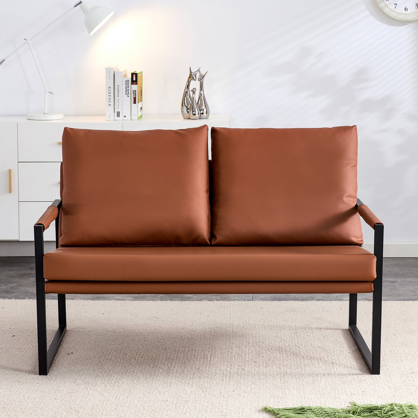 PU leather armchair metal frame upholstered armchair, upholstered backrest, living room sofa one double sofa+one single sofa (brown PU leather+metal frame+foam) SF-008