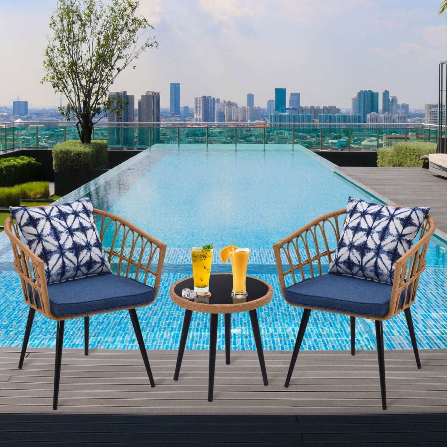 3-Piece Patio Wicker Round 16 in. H Coffeee Table Outdoor Bistro Conversation Set Rattan Chair with Blue Cushions