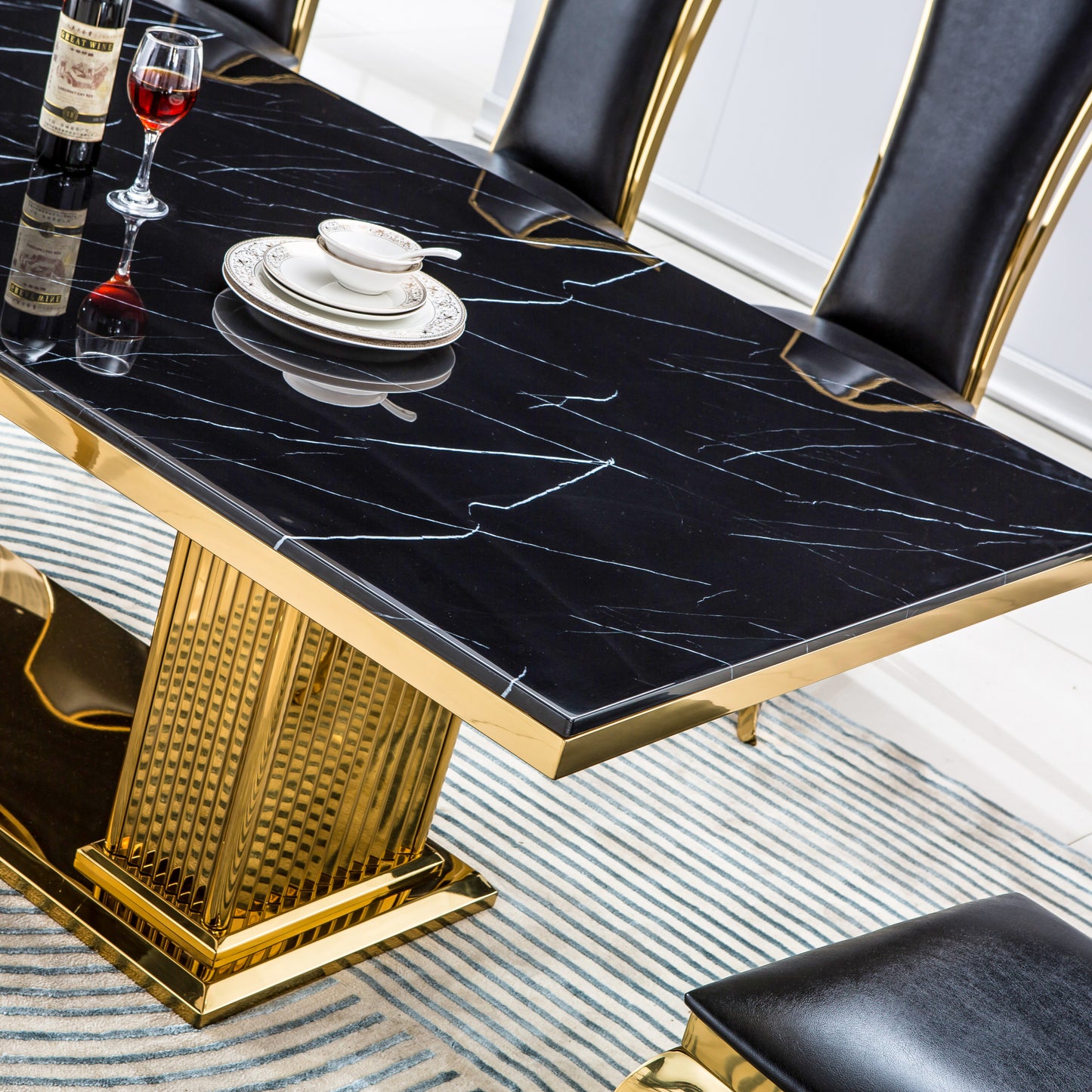 Modern Rectangular Marble Dining Table, 0.71" Thick Marble Top, Double Pedestal Pillar Stainless Steel Base with Gold Mirrored Finish(Not Including Chairs)