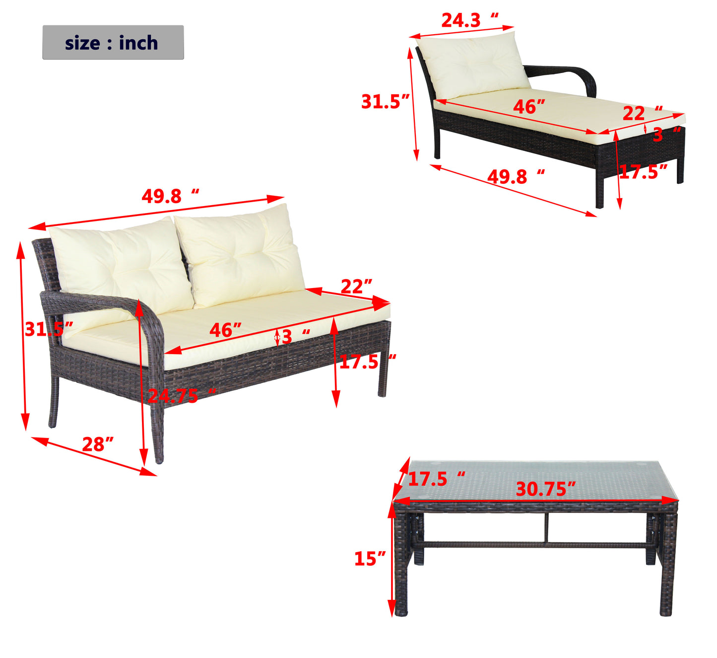 Outdoor patio Furniture sets 3 piece Conversation set wicker Ratten Sectional Sofa With Seat Cushions(Beige Cushion)