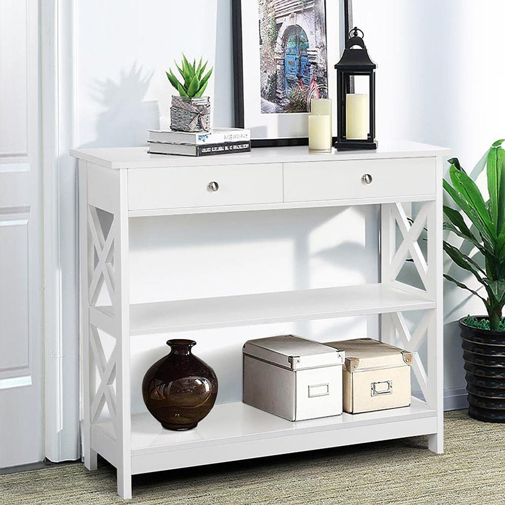 Console Table with Drawer,3-Tier Entryway Table with Storage Shelves, Wood Narrow Sofa Table for Entryway/Hallway/Living Room,White