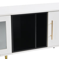 ON-TREND Stylish TV Stand with Golden Metal Handles&Legs, Two-tone Media Console for TVs Up to 80", Fluted Glass Door TV Cabinet with Removable Compartment for Living Room, White