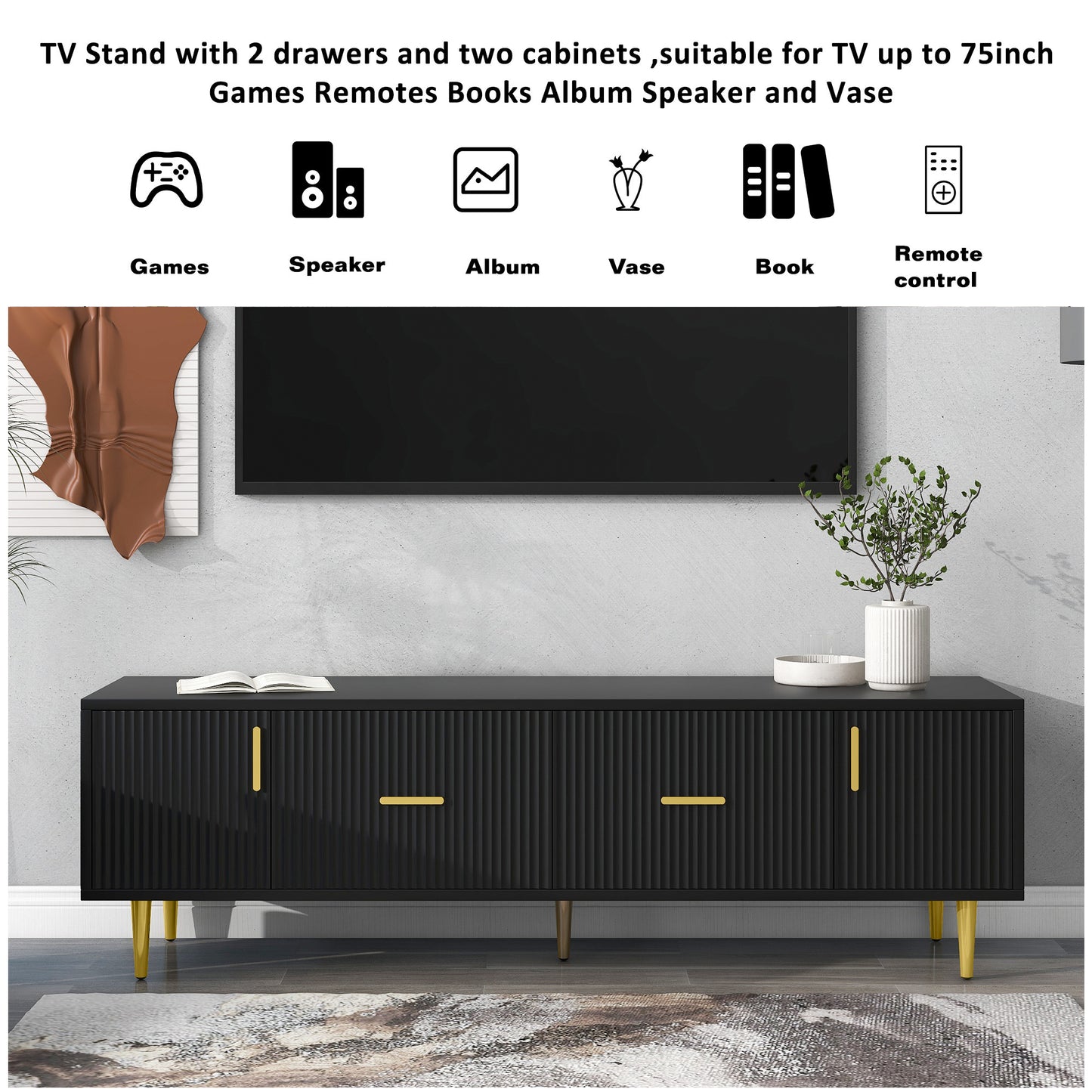 U-Can Modern TV Stand with 5 Champagne Legs - Durable, Stylish and Spacious, TVs Up to 75''