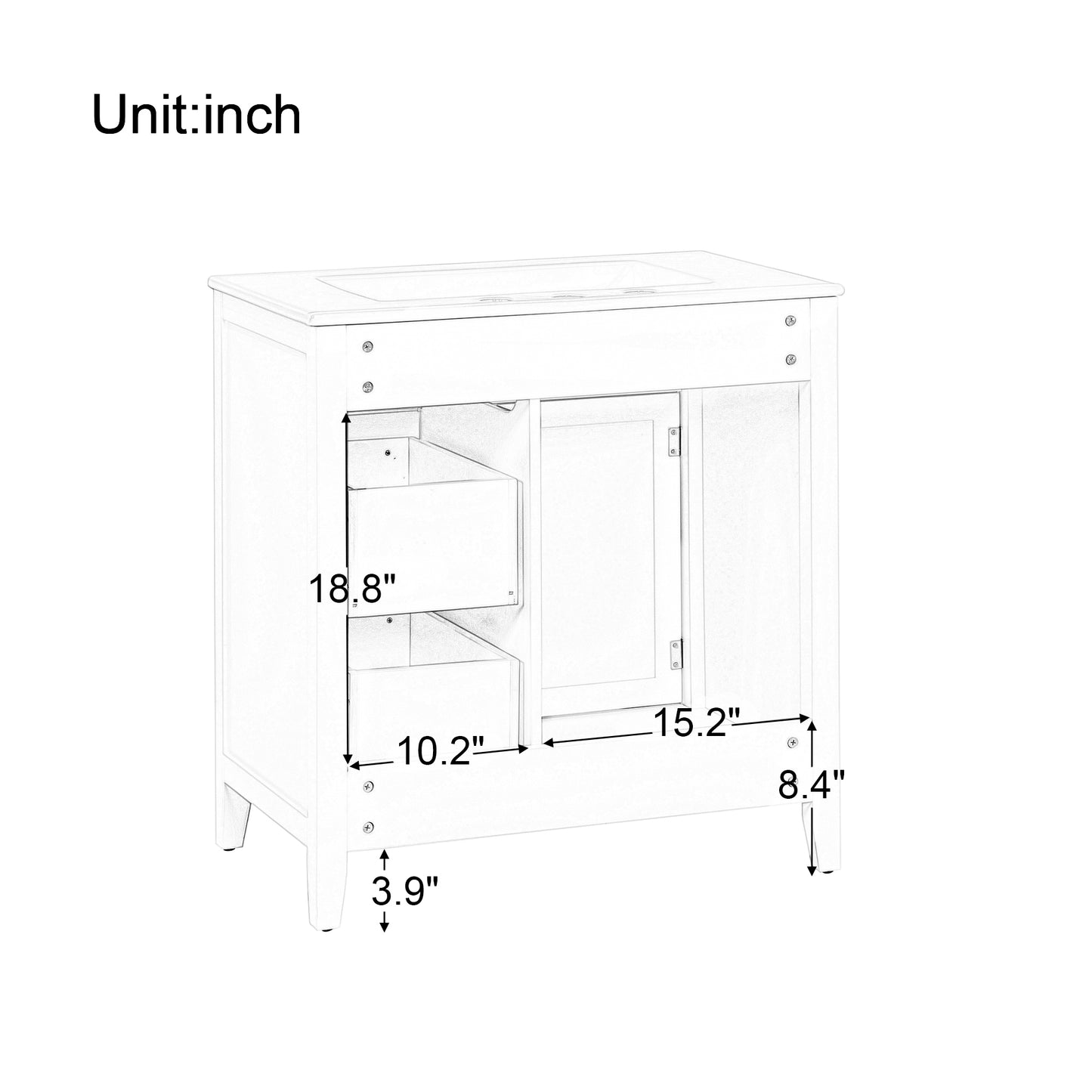 30" Bathroom Vanity with Sink Top, Bathroom Vanity Cabinet with Door and Two Drawers, Solid Wood Frame, One Package, White