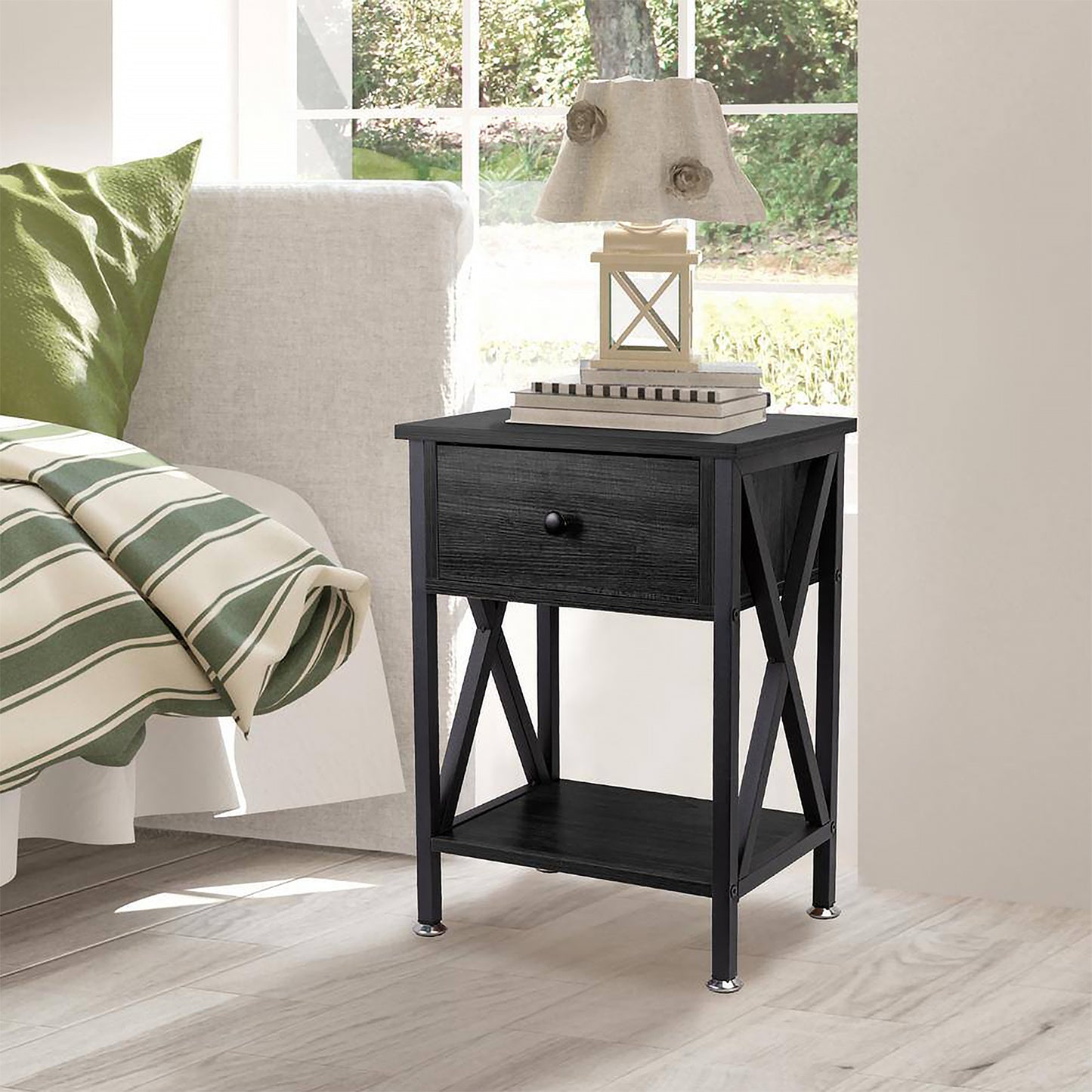 Nightstand with Drawer and Open Storage Shelves, Bedside End Table for Bedroom Living Room, Black