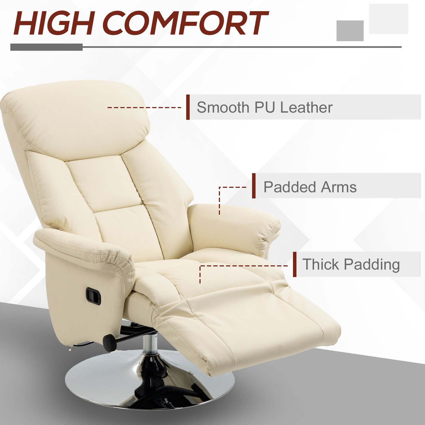 HOMCOM Manual Recliner Chair for Adults, Adjustable Swivel Recliner with Footrest, Padded Arms, PU Leather Upholstery and Steel Base for Living Room, Cream White