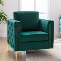 Modern Velvet Armchair Tufted Button Accent Chair Club Chair with Steel Legs for Living Room Bedroom,Green