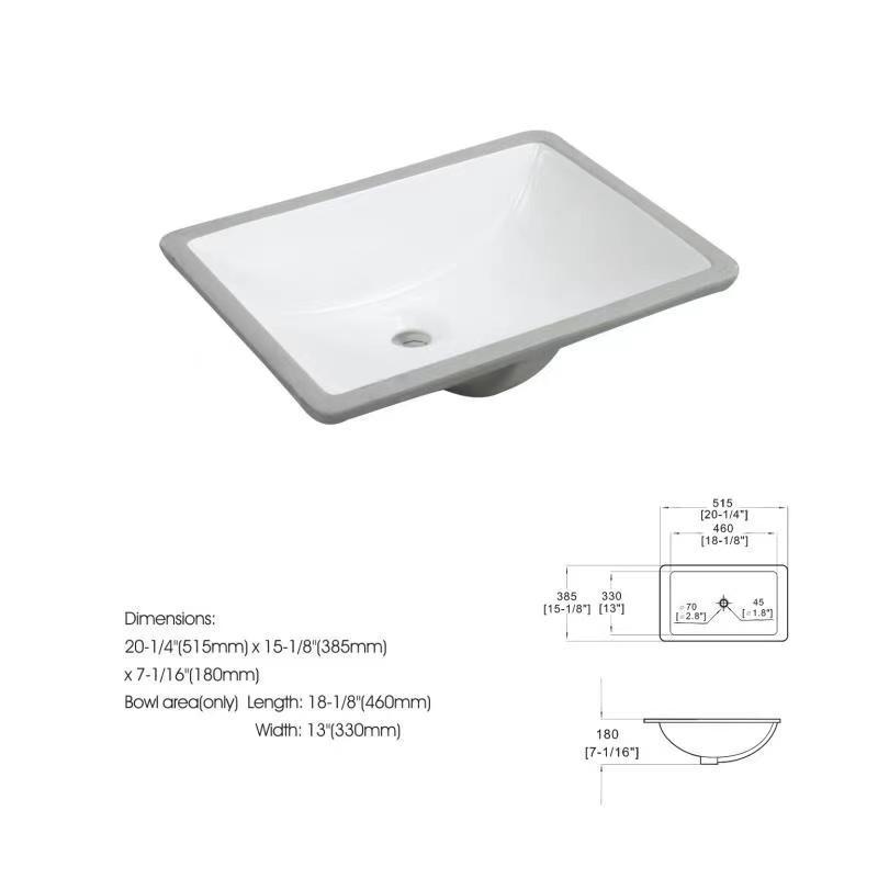 White Rectangular Undermount Bathroom Sink With Overflow