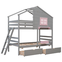 Twin over Twin Bunk Bed with 2 Drawers, 1 Storage Box, 1 Shelf, Window and Roof-Gray(OLD SKU:LT000608AAE)