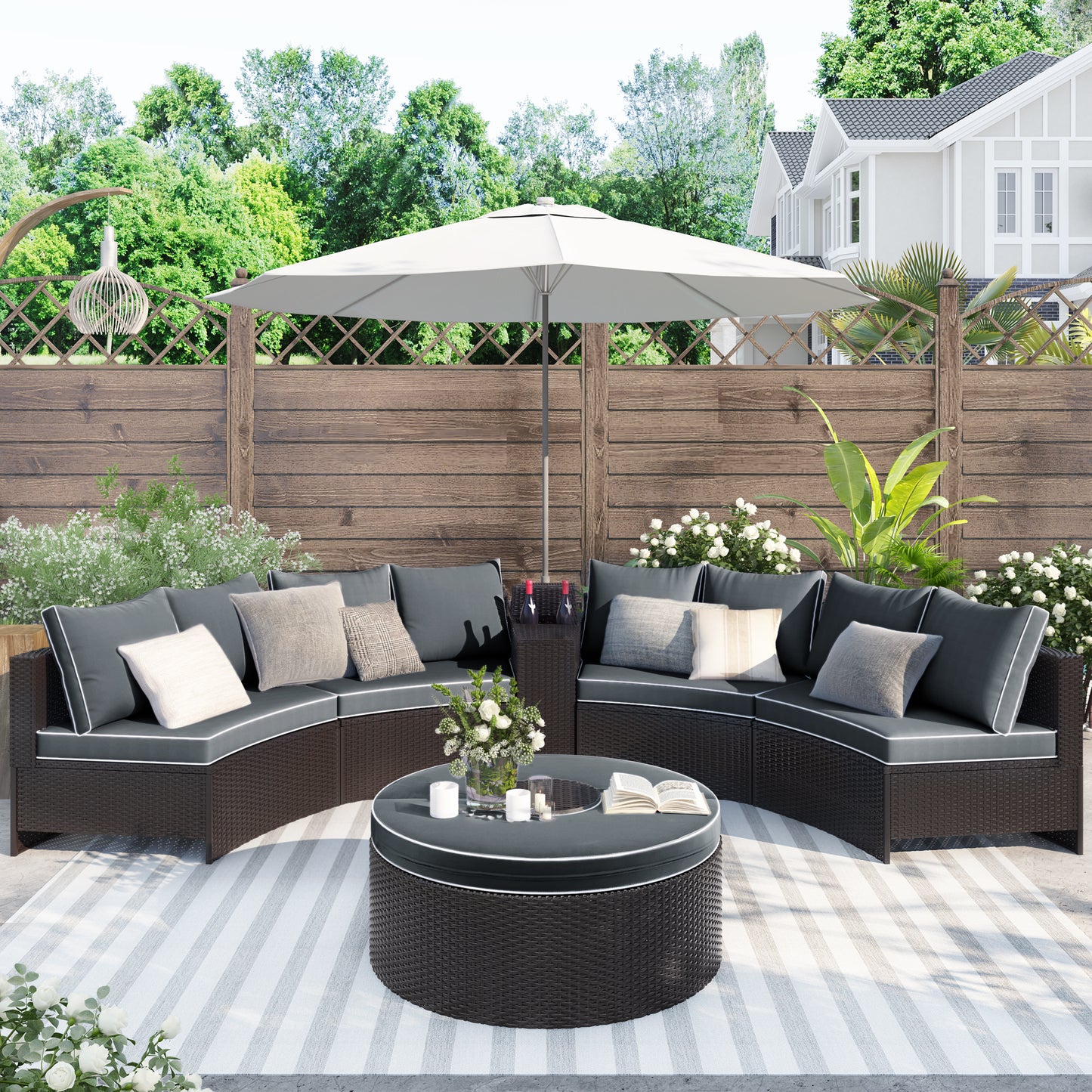 TOPMAX 6 Pieces Outdoor Sectional Half Round Patio Rattan Sofa Set, PE Wicker Conversation Furniture Set w/ One Storage Side Table for Umbrella and One Multifunctional Round Table, Brown+ Gray