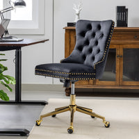 A&A Furniture Office Chair,Velvet Upholstered Tufted Button Home Office Chair with Golden Metal Base,Adjustable Desk Chair Swivel Office Chair (Black)