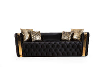 Naomi Button Tufted 3 Pc Sofa Set with Velvet Fabric and Gold Accent in Black