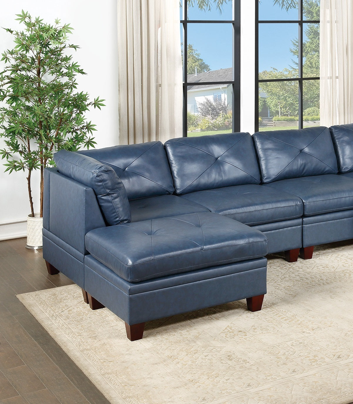 Genuine Leather Ink Blue Tufted 6pc Sectional Set 2x Corner Wedge 2x Armless Chair 2x Ottomans Living Room Furniture Sofa Couch