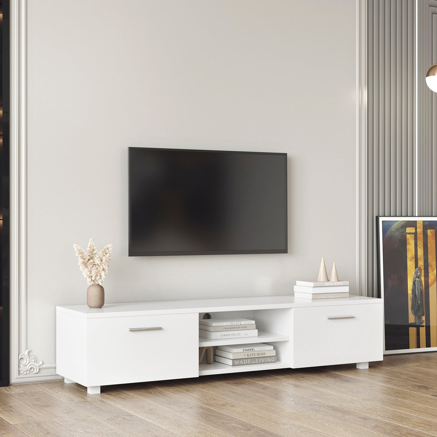 White TV Stand for 70 Inch TV Stands, Media Console Entertainment Center Television Table, 2 Storage Cabinet with Open Shelves for Living Room Bedroom