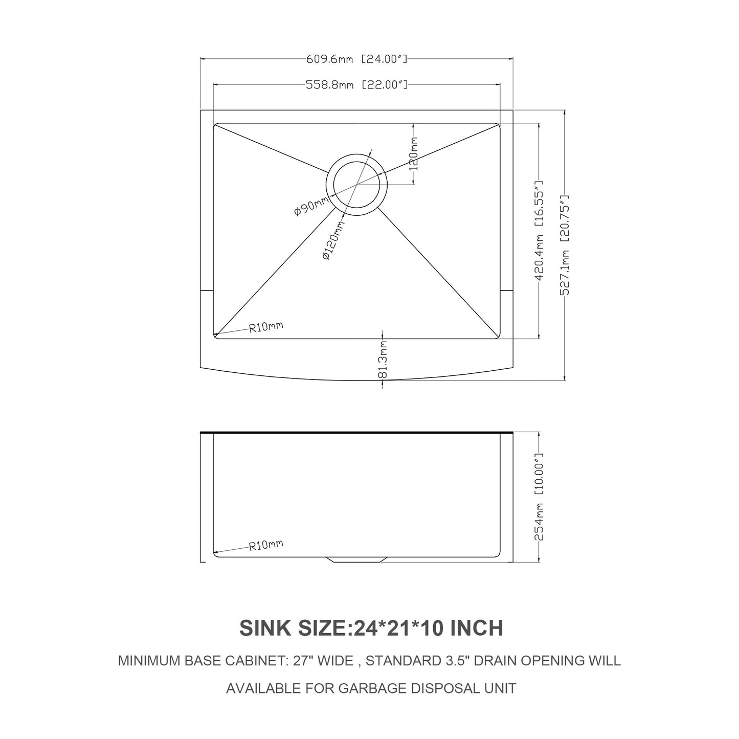 24 Inch Farmhouse Kitchen Sink - 24"x21"x10" Stainless Steel Apron Front Farmhouse Sink 10 Inch Deep 16 Gauge Single Bowl Kitchen Sink Basin