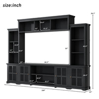 ON-TREND Minimalism Style Entertainment Wall Unit with Bridge, Modern TV Console Table for TVs Up to 70”, Multifunctional TV Stand with Tempered Glass Door, Black