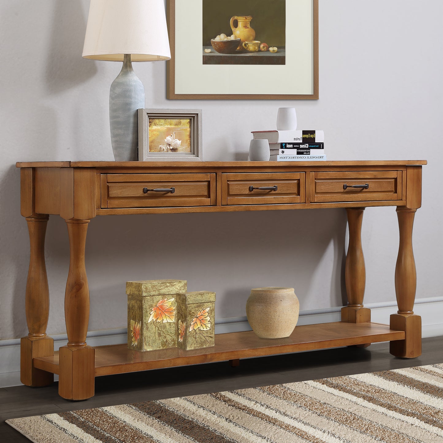 63inch Long Wood Console Table with 3 Drawers and 1 Bottom Shelf for Entryway Hallway Easy Assembly Extra-thick Sofa Table( Brown)