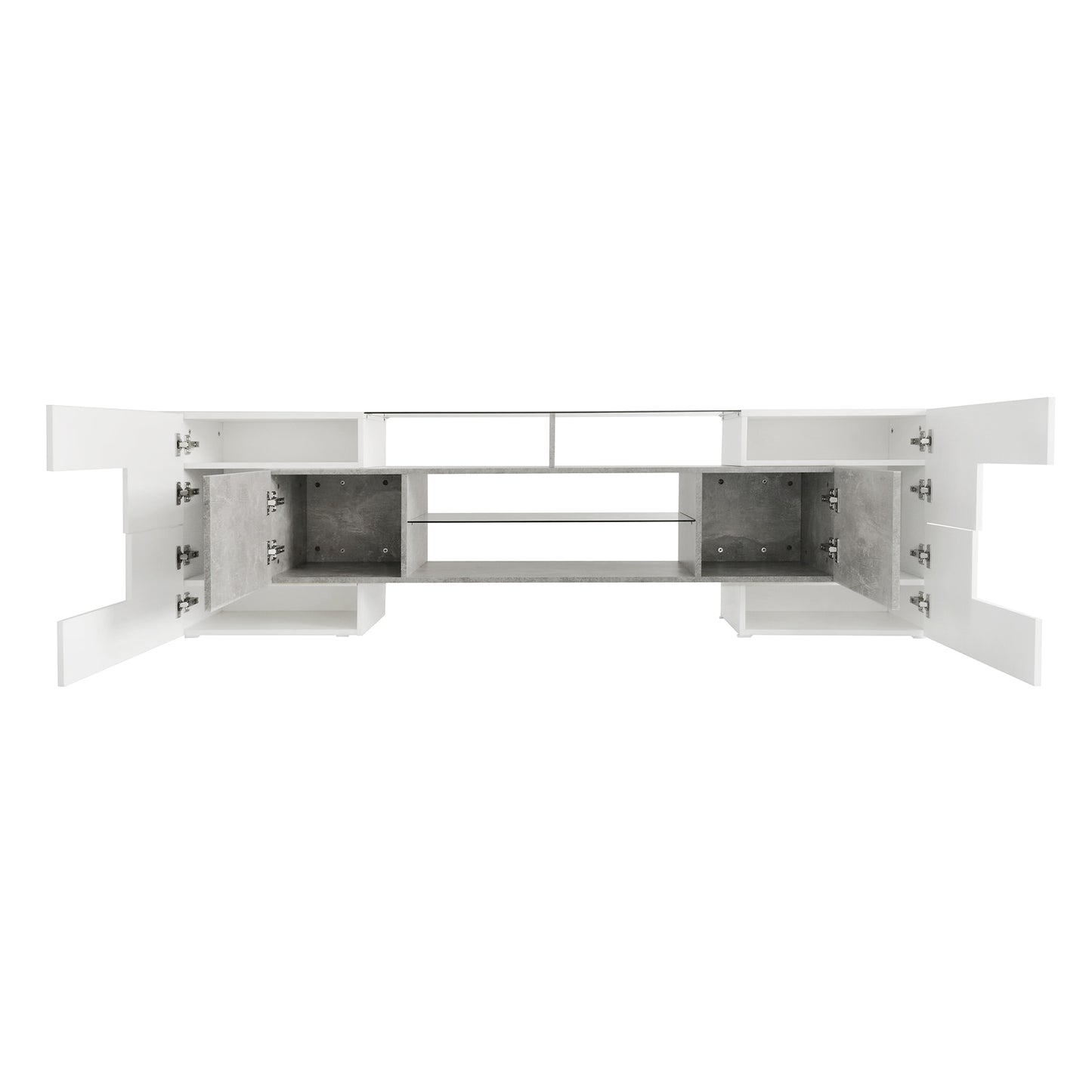 ON-TREND Unique Shape TV Stand with 2 Illuminated Glass Shelves, High Gloss Entertainment Center for TVs Up to 80", Versatile TV Cabinet with LED Color Changing Lights for Living Room, Grey