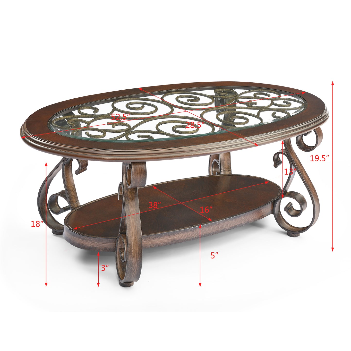 Coffee Table with Glass Table Top and Powder Coat Finish Metal Legs,Dark Brown (52.5"X28.5"X19.5")