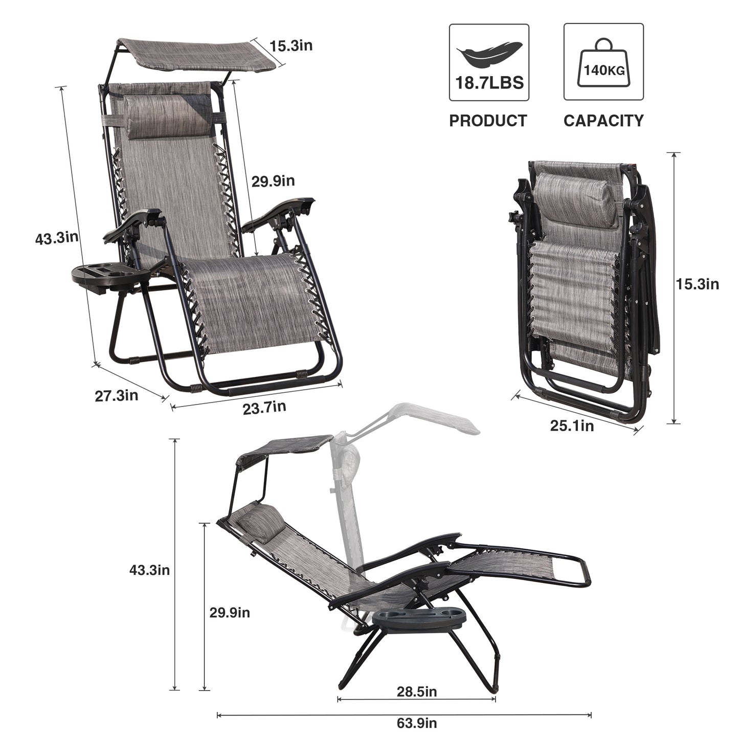 Lounge Chair Adjustable Recliner w/Pillow  Outdoor Camp Chair for Poolside Backyard Beach, Support 300lbs