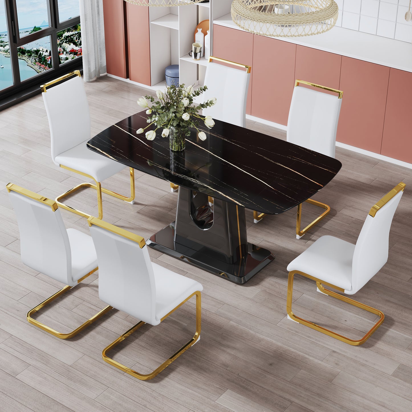 A modern, minimalist, and luxurious table. A black imitation marble tabletop with MDF U-shaped legs. Dining table, computer table. For restaurants and living rooms 63" * 35.4"* 30" F-U