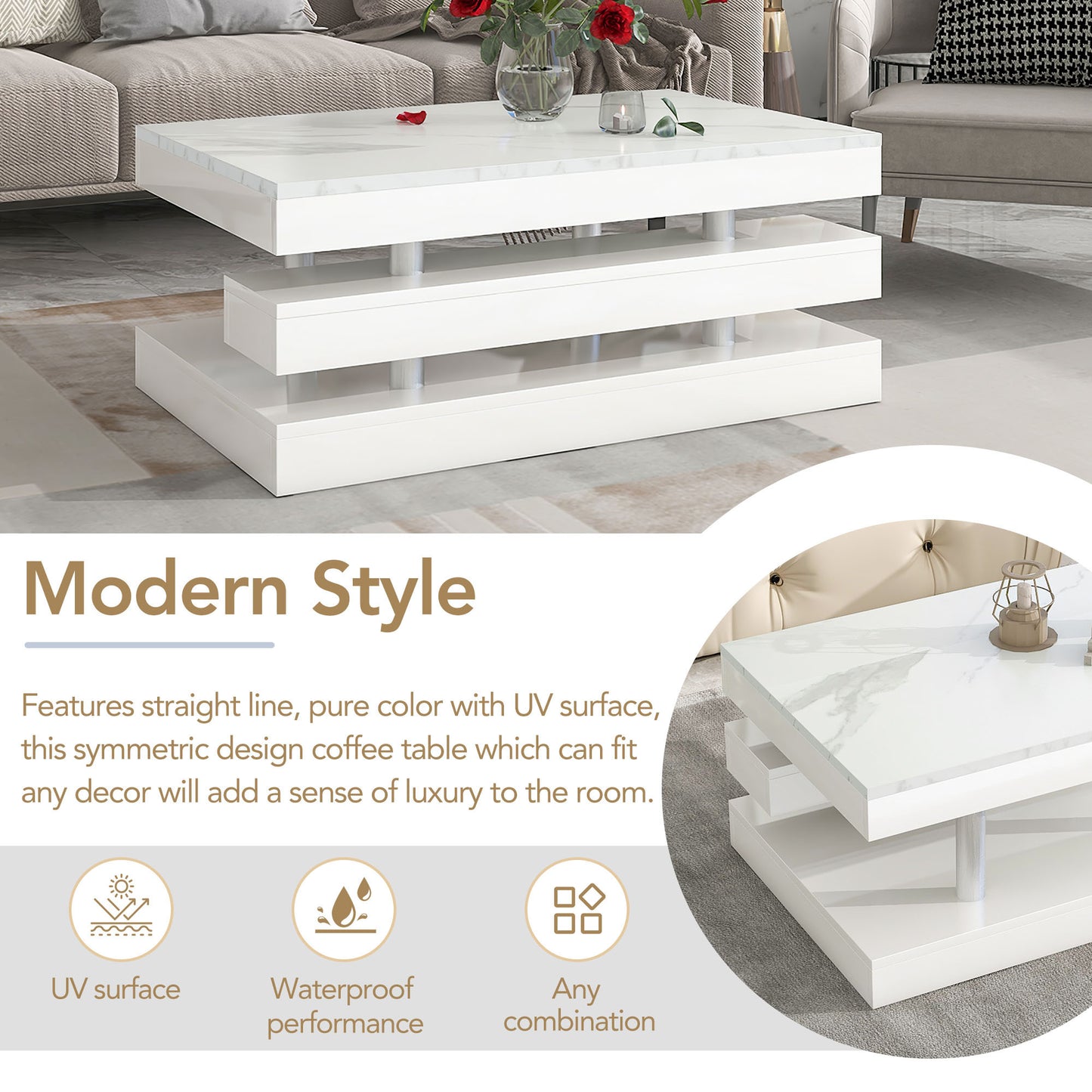 ON-TREND Modern 2-Tier Coffee Table with Silver Metal Legs, Rectangle Cocktail Table with High-gloss UV Surface, Minimalist Design Center Table for Living Room, White