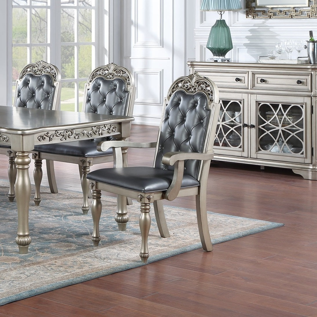 Traditional Silver / Grey Finish 9pc Dining Set Table w 2x Arm Chairs 6x Side Chairs Rubber wood Intricate Design Tufted back Cushion Seat Dining Room Furniture