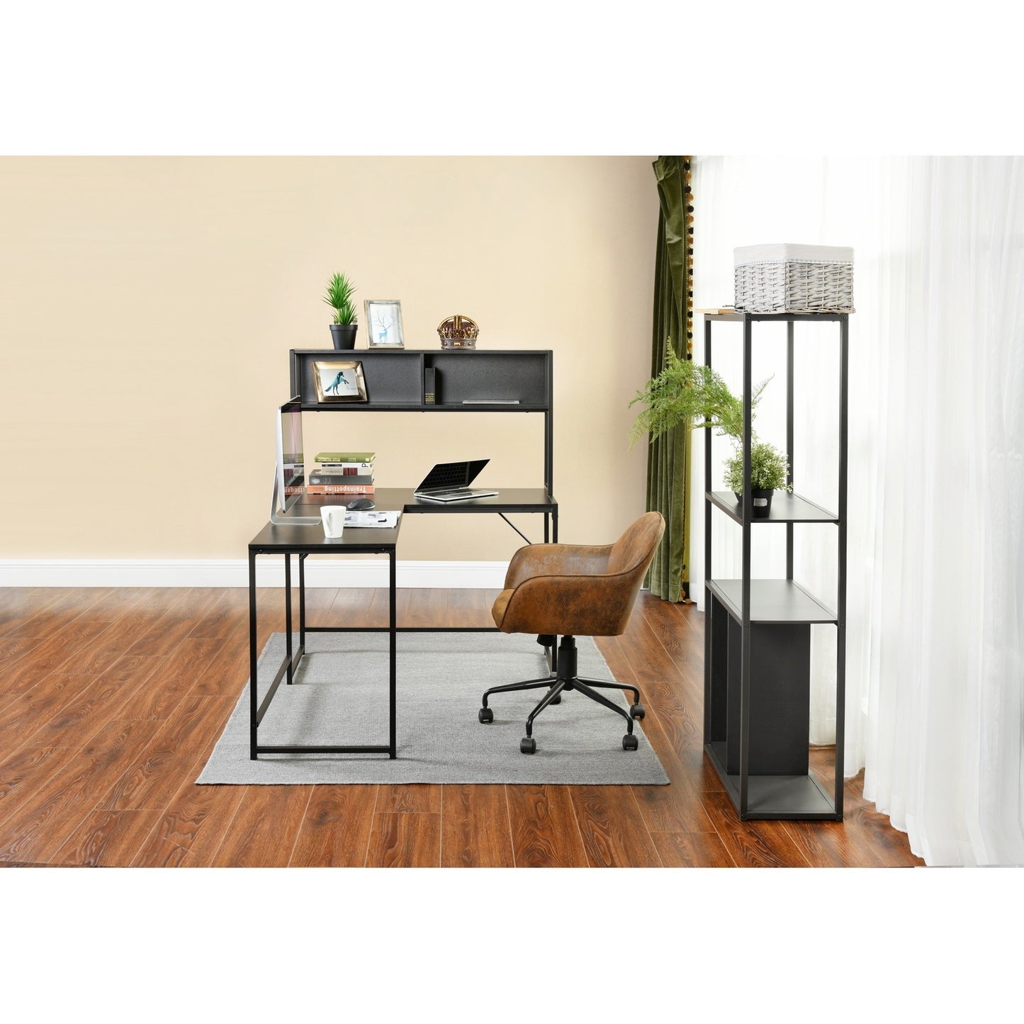 L-Shaped Desk with Hutch Reversible Corner Computer Desk with Storage Shelves, Industrial 54.3" L Shaped Desk Large Gaming Desk Saves Space for Home Office, Black